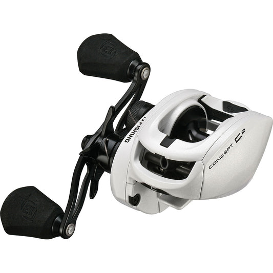 Fishing reel with white and black design on a white background