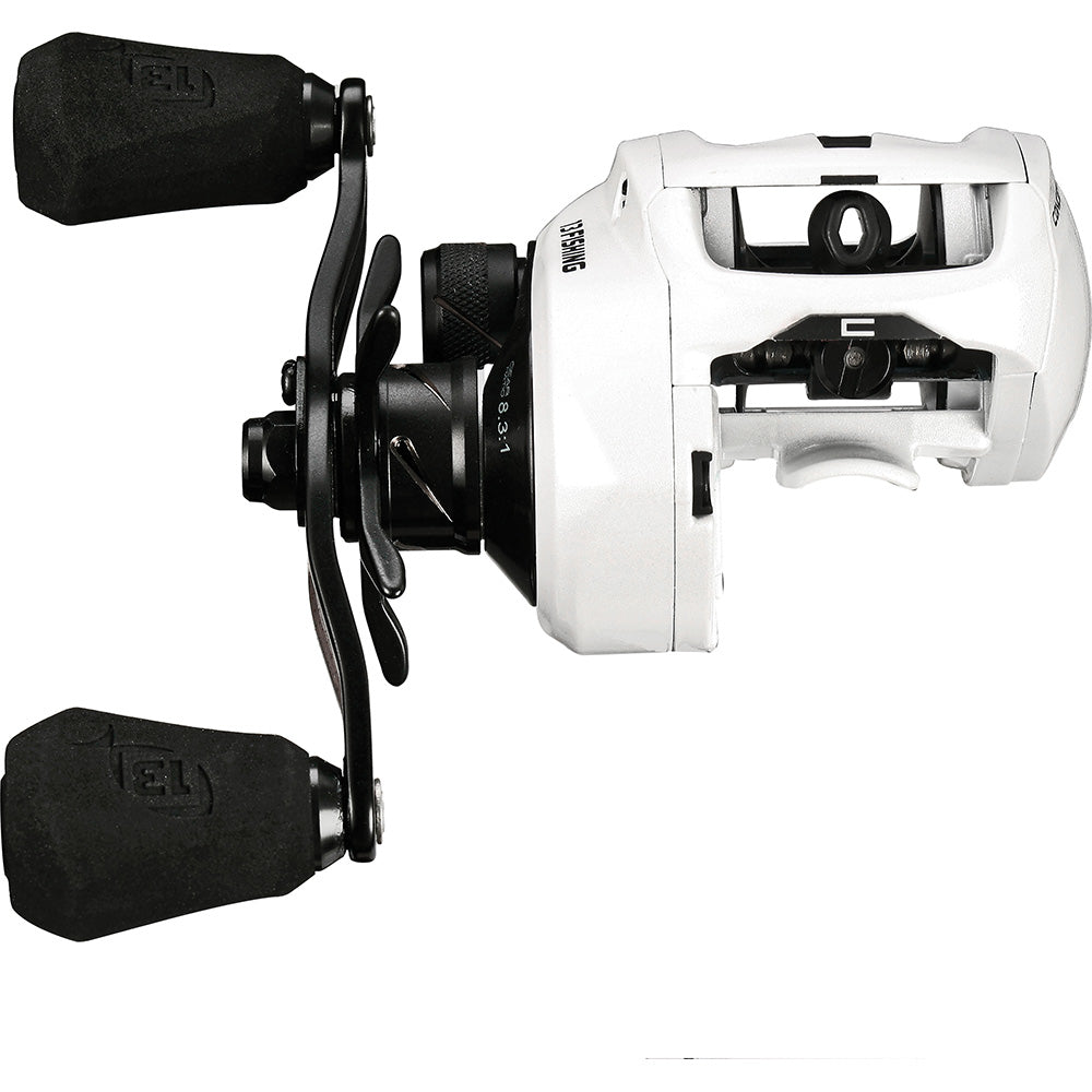 Fishing reel with black and white design on a white background