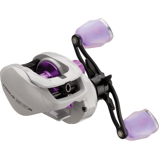 Fishing reel with purple accents on a white background