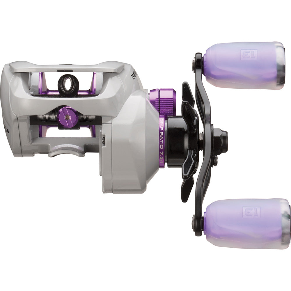 Fishing reel with purple accents on a white background