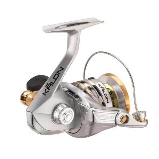 Fishing reel with 'Kalon' branding on a white background