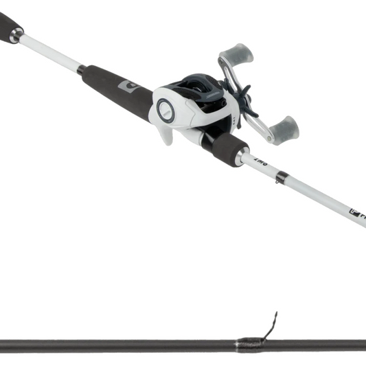 Fishing rod and reel combo on a white background