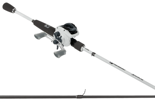 Fishing rod and reel combo on a white background