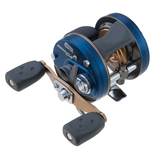 Fishing reel with blue and black design on a white background