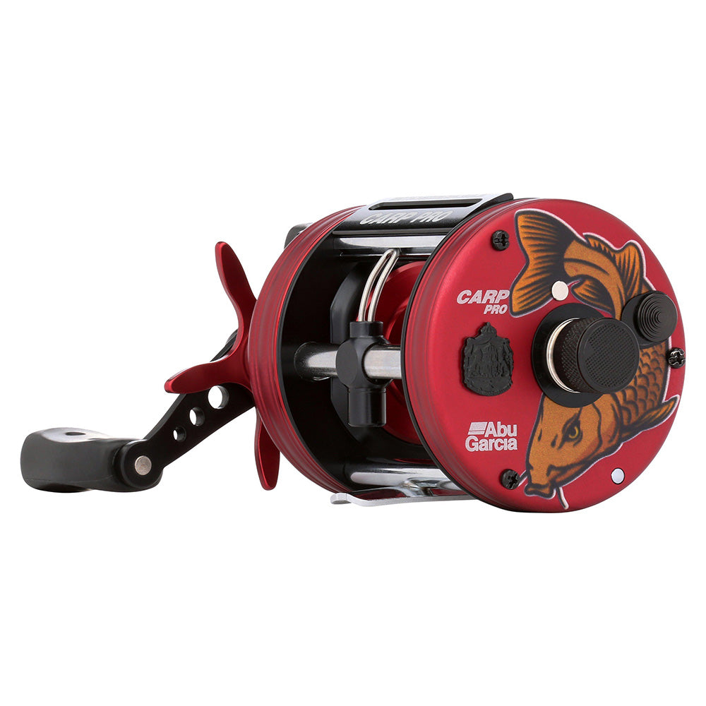 Red fishing reel with Abu Garcia logo and fish design on a white background