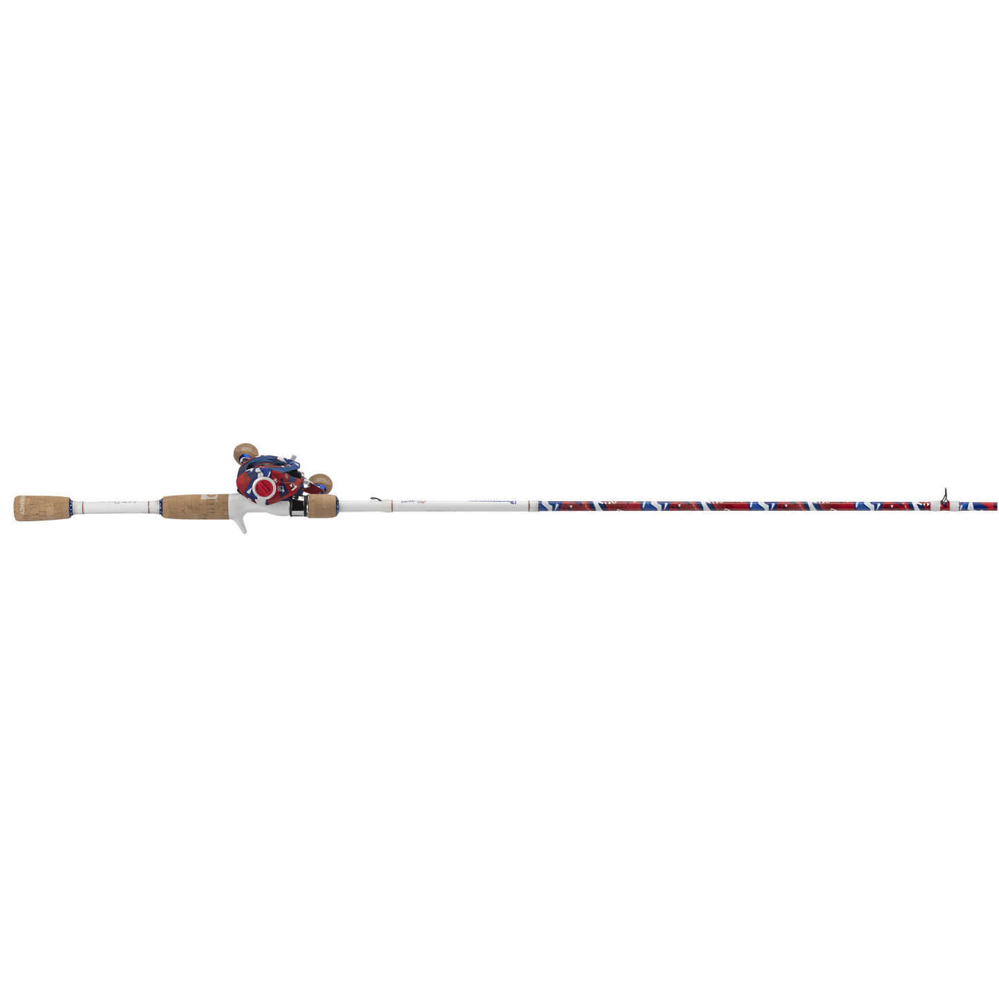 Fishing rod with cork grips and colorful reel on a white background