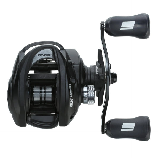 Black fishing reel with dual handles on a white background