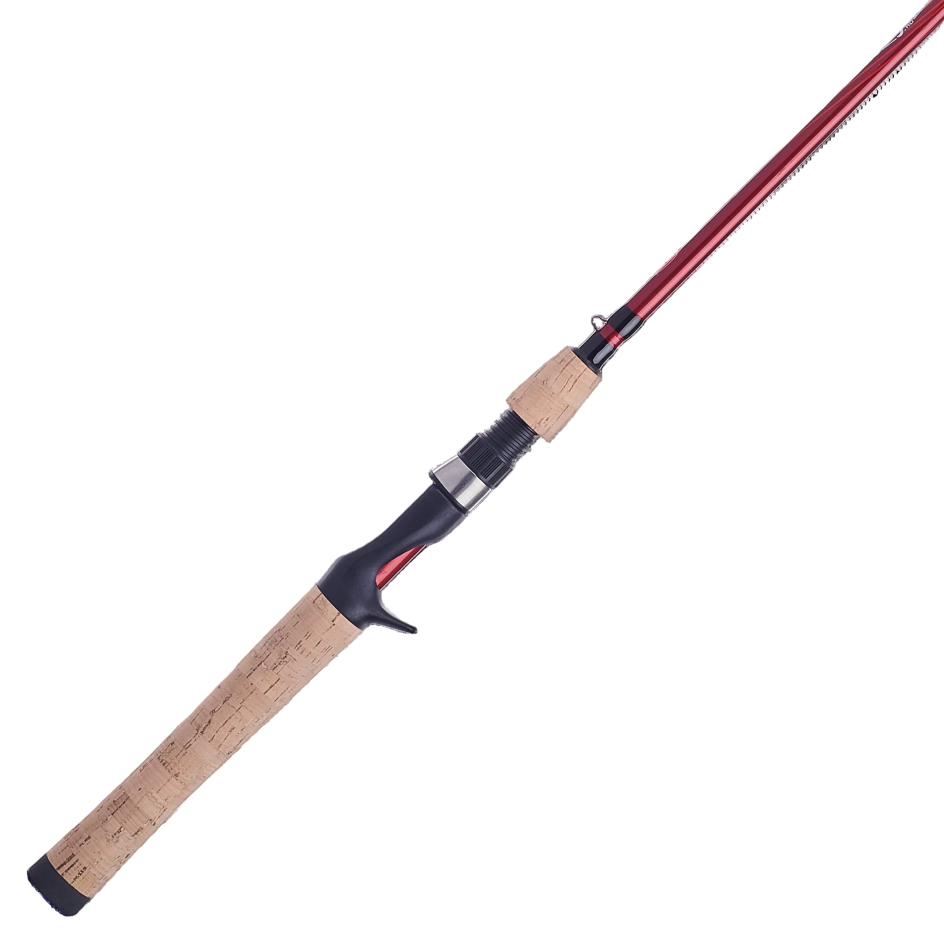 Fishing rod with wooden handle and red tip on a white background