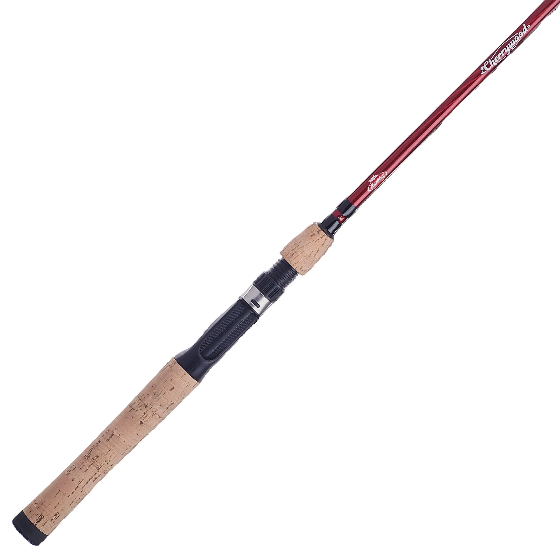 Fishing rod with red and black handle on a white background