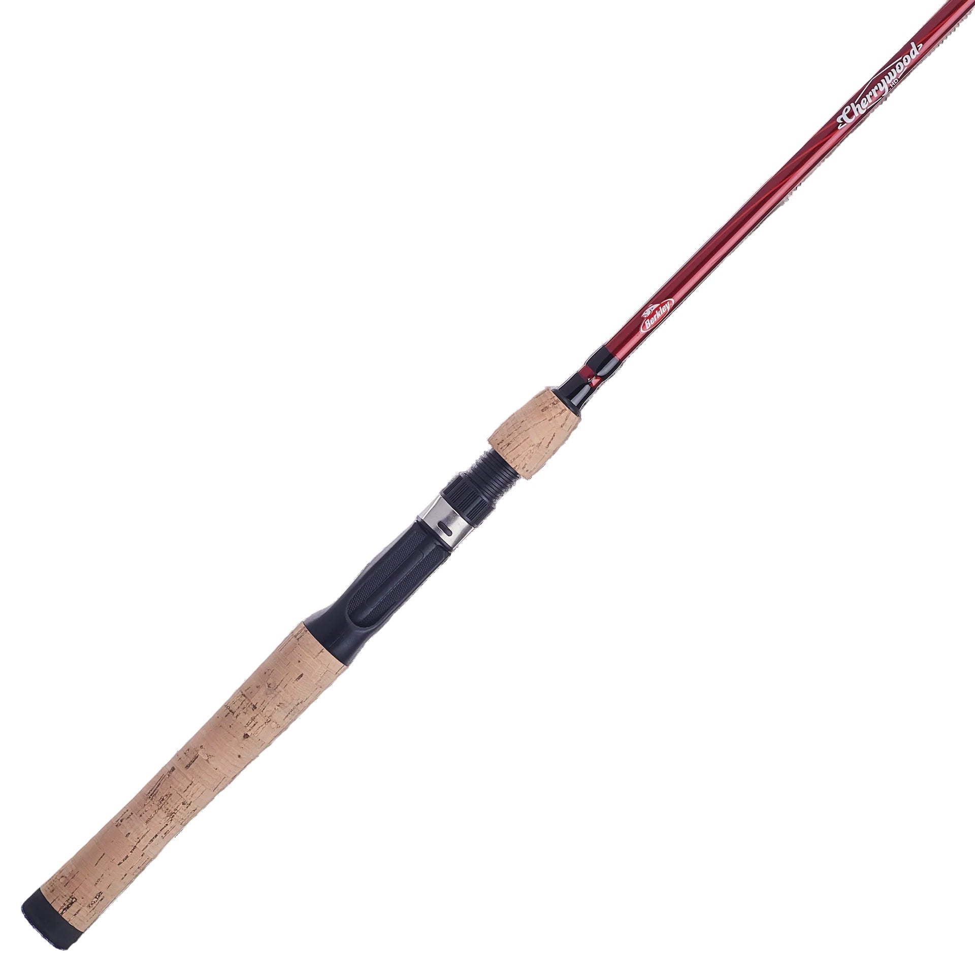 Fishing rod with red and black handle on a white background