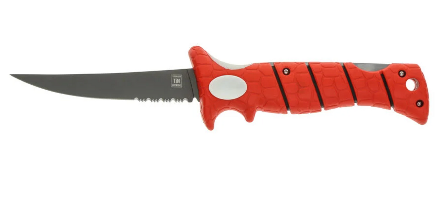 Red knife with a black blade on a white background