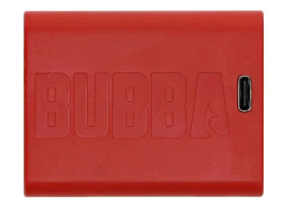 Red rectangular device with 'BUBBA' branding and USB port on a white background