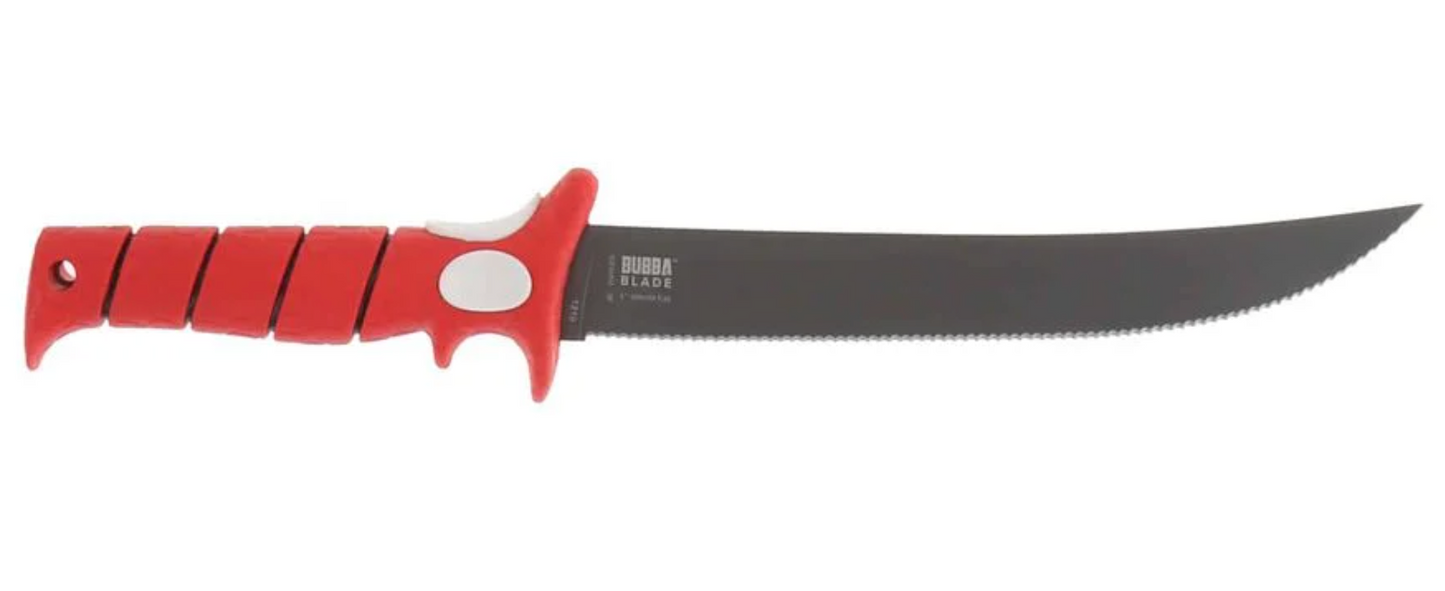 Fishing knife with red handle and black blade on a white background