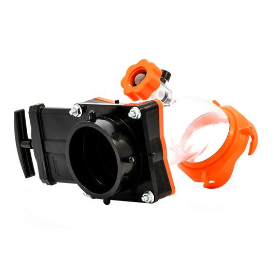 Black and orange mechanical device on a white background