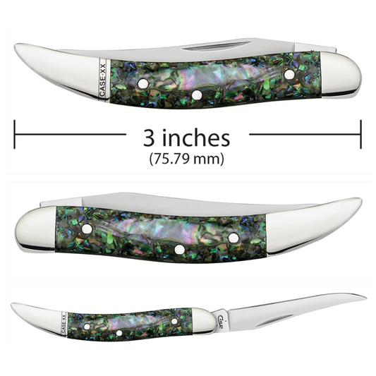 Three views of a knife with a paua shell handle, showing measurements on a white background.