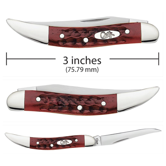 Three views of a pocket knife with a red and white handle, showing measurements on a white background.