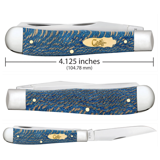 Case knife with blue and gold handle and measurements displayed