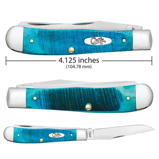 Trapper knife with blue handle and measurements on a white background