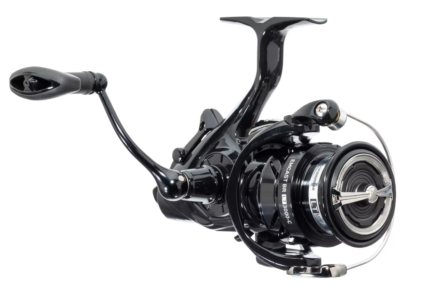 Black fishing reel on a white background