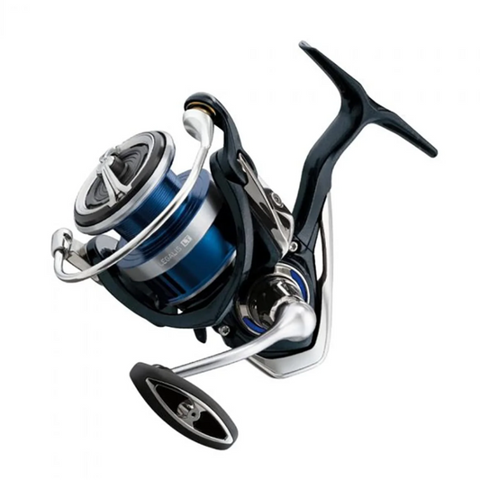 Fishing reel with blue spool on a white background
