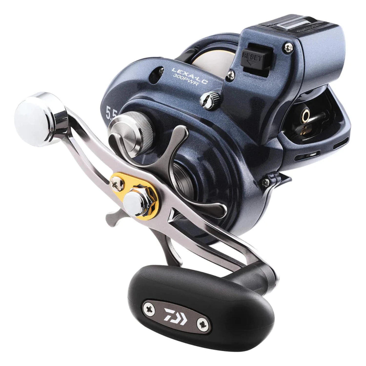 Fishing reel with brand logo on a white background