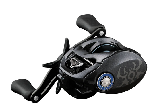 Black fishing reel with a white background