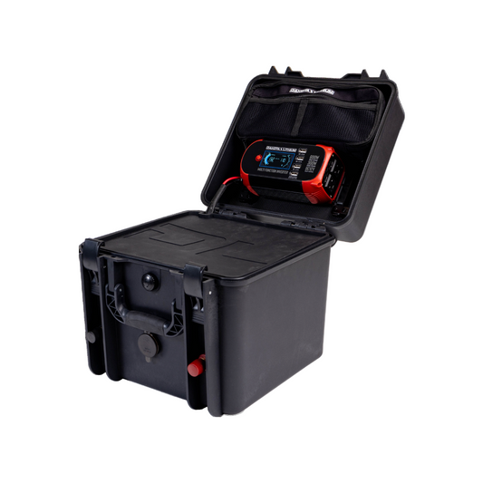 Black toolbox with a digital device inside on a white background