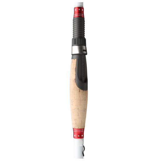 Fishing rod with a white handle and red accents on a white background
