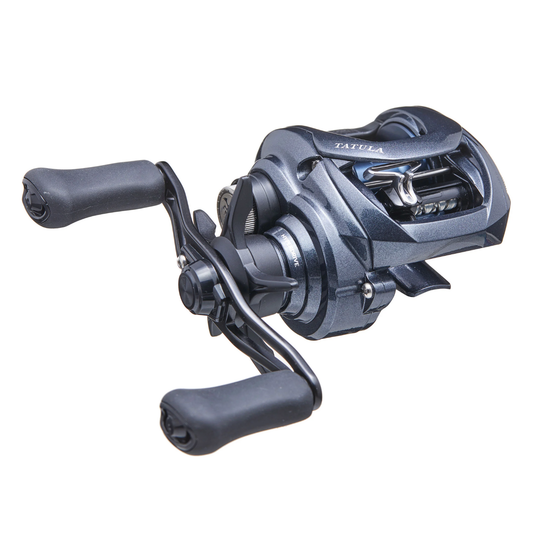 Fishing reel with 'Tatula' branding on a white background