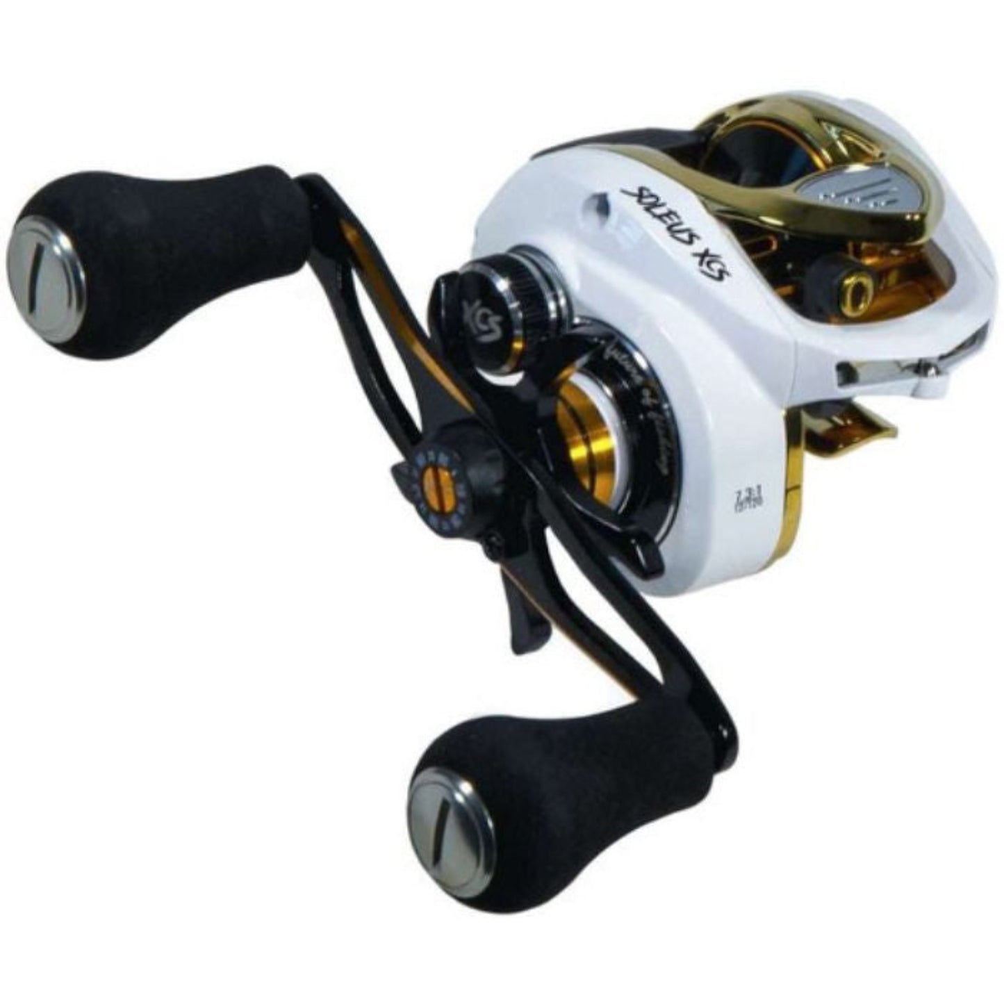 Favorite Soleus XCS baitcast reel white and gold 6.6:1 right-hand retrieve with lightweight aluminum frame, dual braking system, and smooth drag for bass fishing and tournament casting.