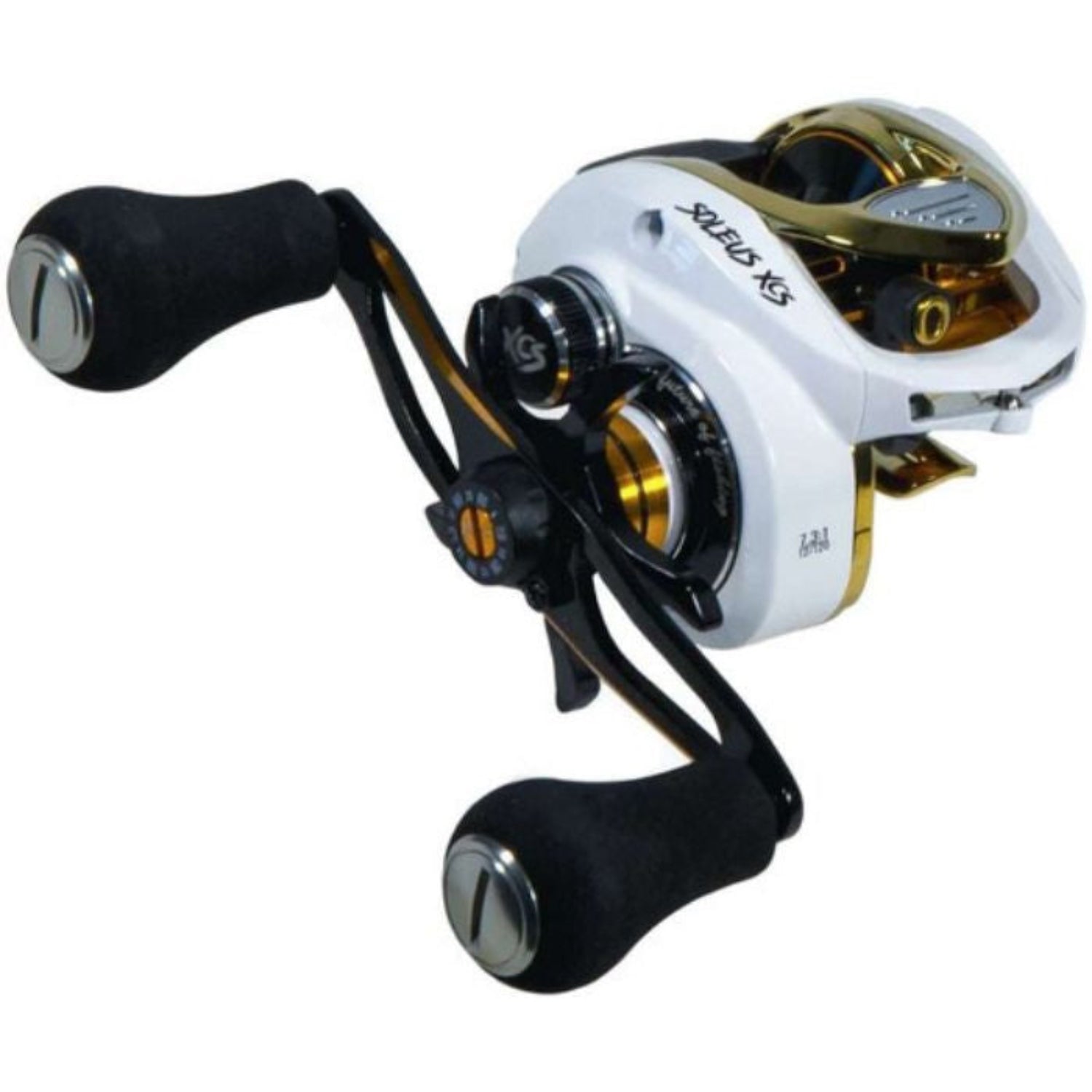 Favorite Soleus XCS baitcast reel white and gold 6.6:1 right-hand retrieve with lightweight aluminum frame, dual braking system, and smooth drag for bass fishing and tournament casting.