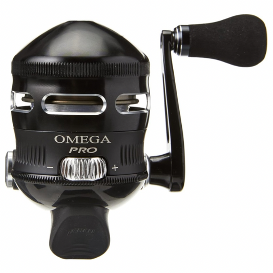 A black ZEBCO OMEGA PRO 30SZ Spincast Reel with a visible logo and handle.