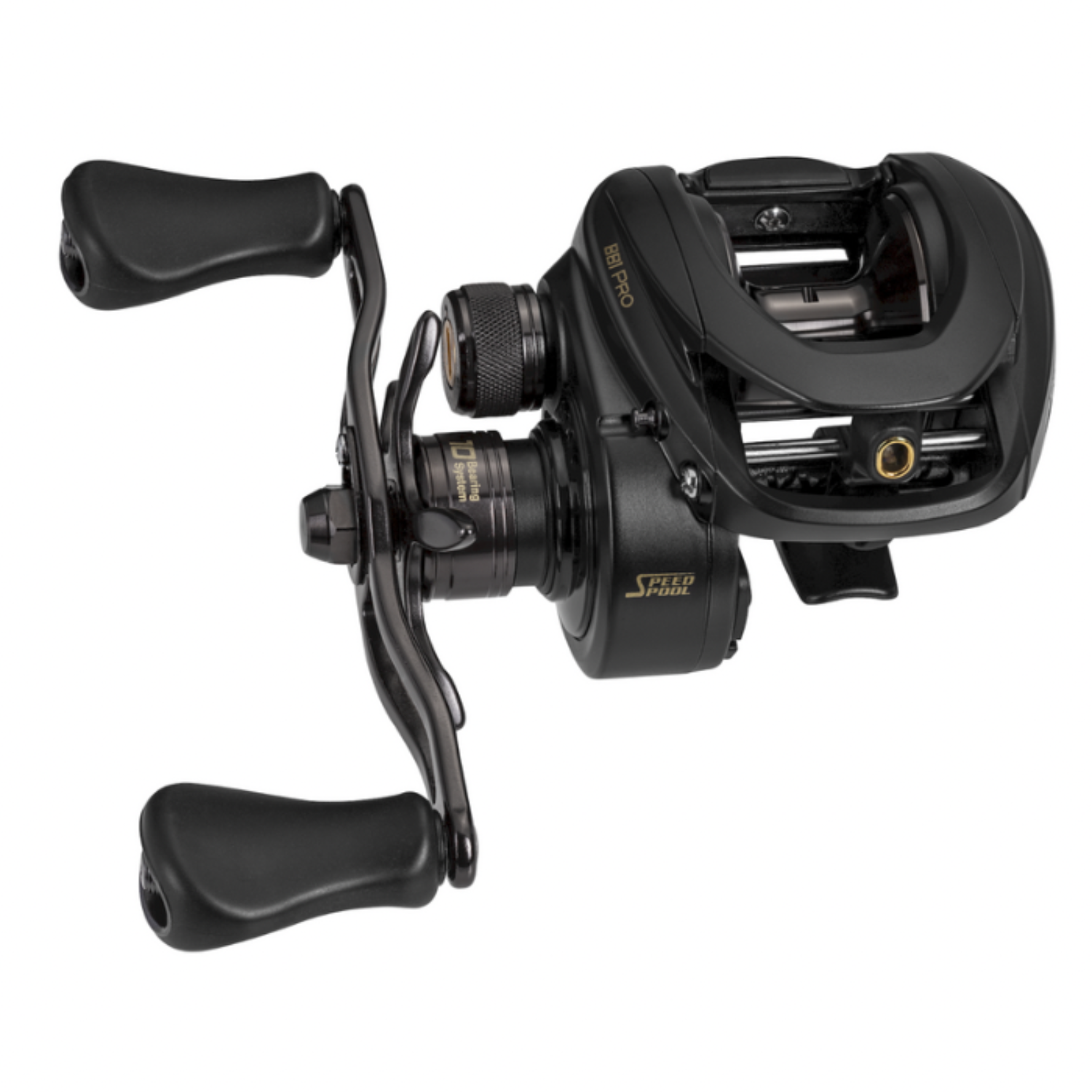 Black fishing reel on a white background