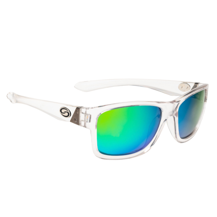 STRIKE KING PLUS PLATTE SUNGLASSES-CRYSTAL CLEAR FRAME/GREEN MIRROR LENS