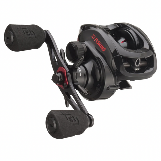 Black fishing reel with red text on a white background
