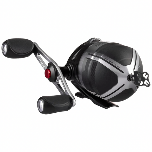Fishing reel with black and silver design on a white background