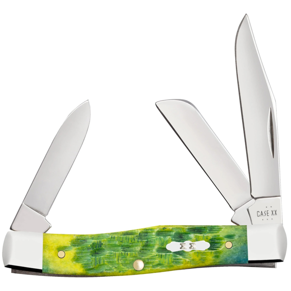 CASE MEDIUM STOCKMAN 3 5/8" 3 BLADE KNIFE - PEACH SEED JIG GREEN APPLE BONE