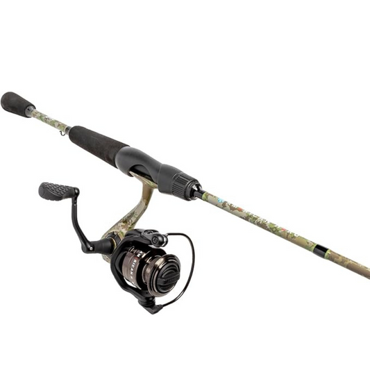 Lews American Hero Fishing rod and reel set with camouflage pattern on a white background