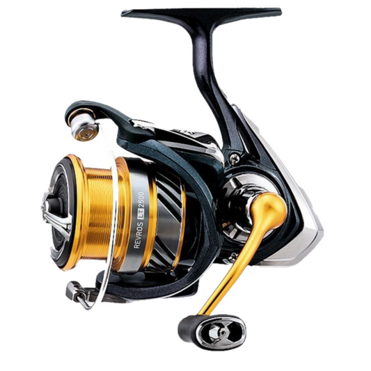 Fishing reel with gold and black design on a white background