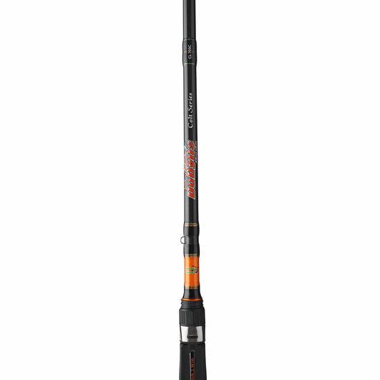 Fishing rod with black and orange design on a white background