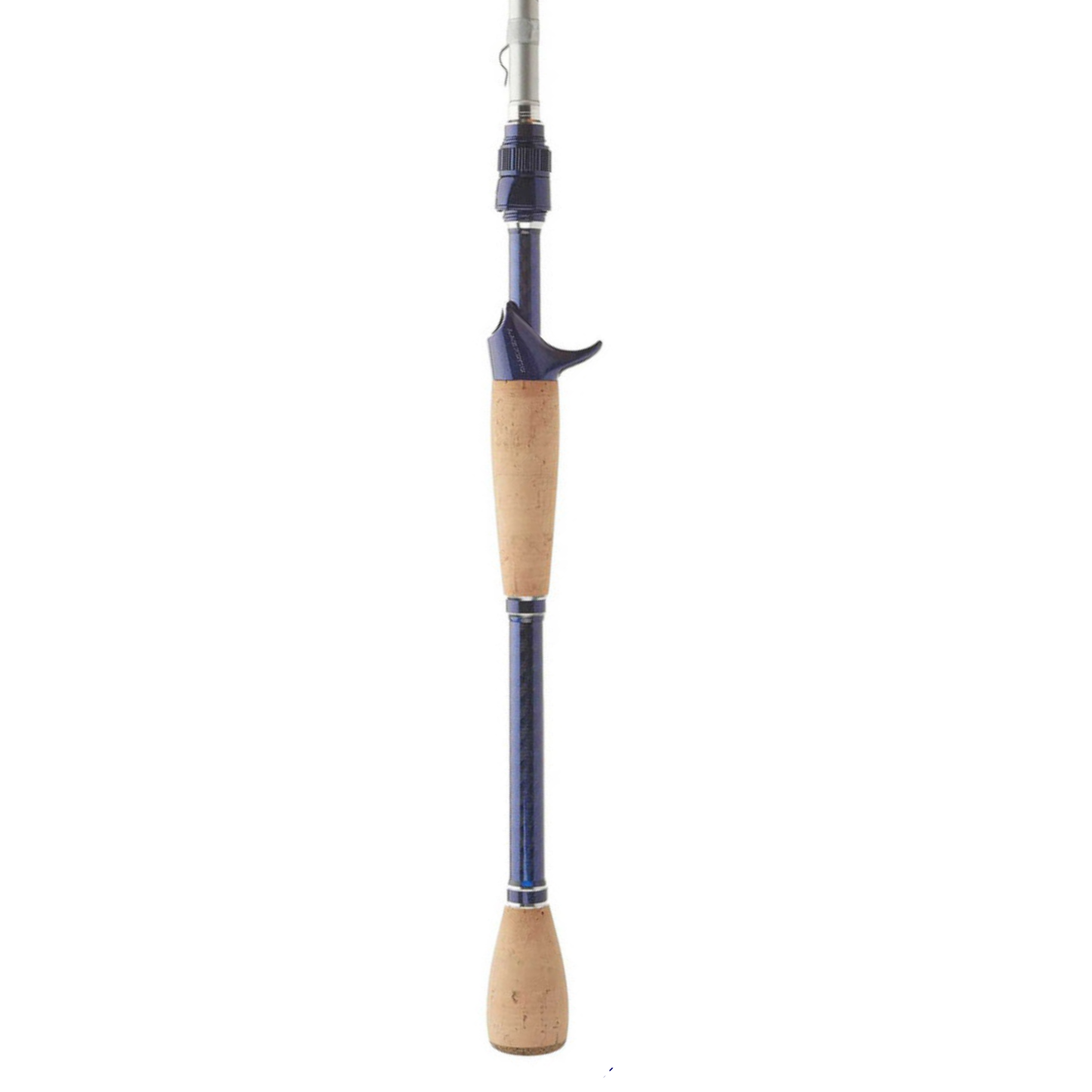 Fishing rod with blue and wooden handle on a white background