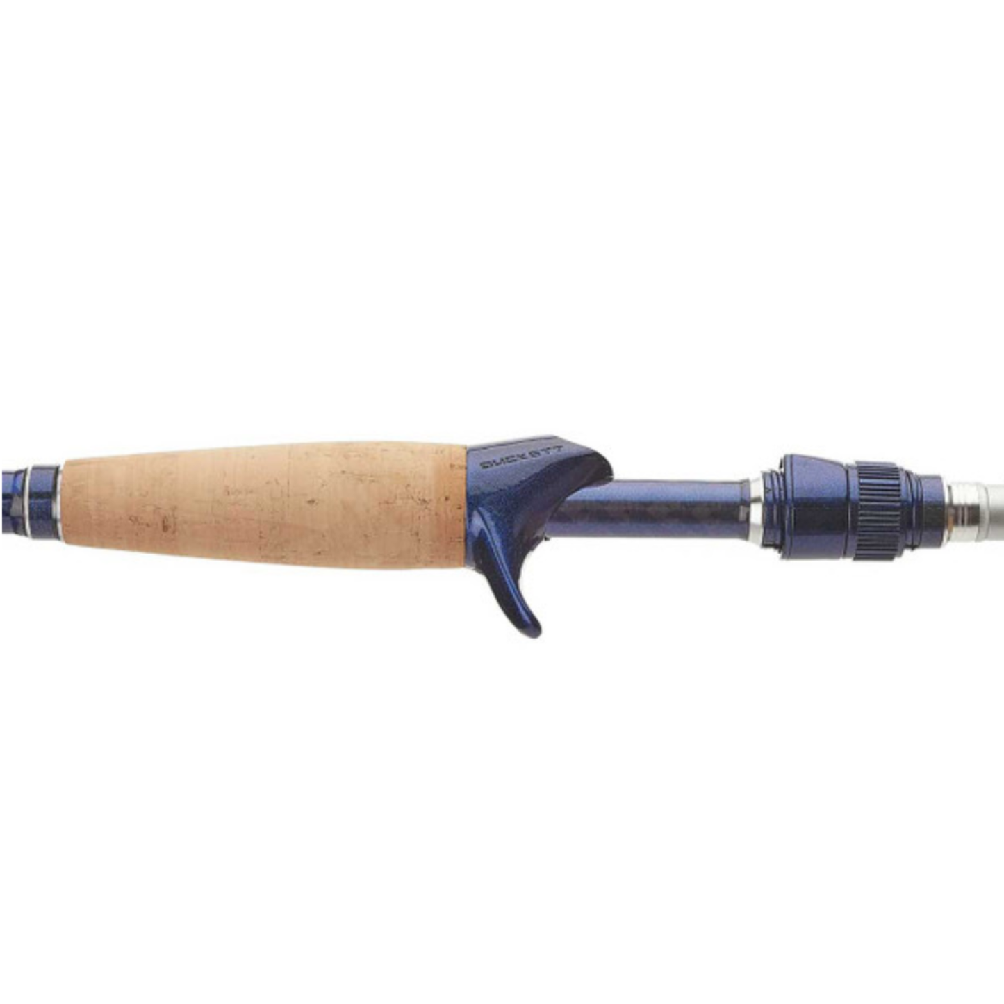 Fishing rod with wooden handle and blue guides on a white background