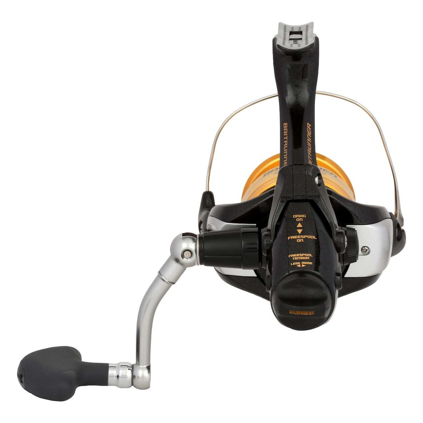Fishing reel with black and gold design on a white background