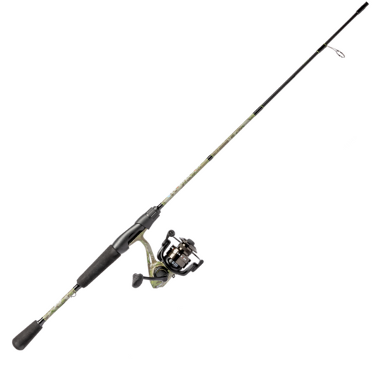 Fishing rod and reel set with camouflage pattern on a white background