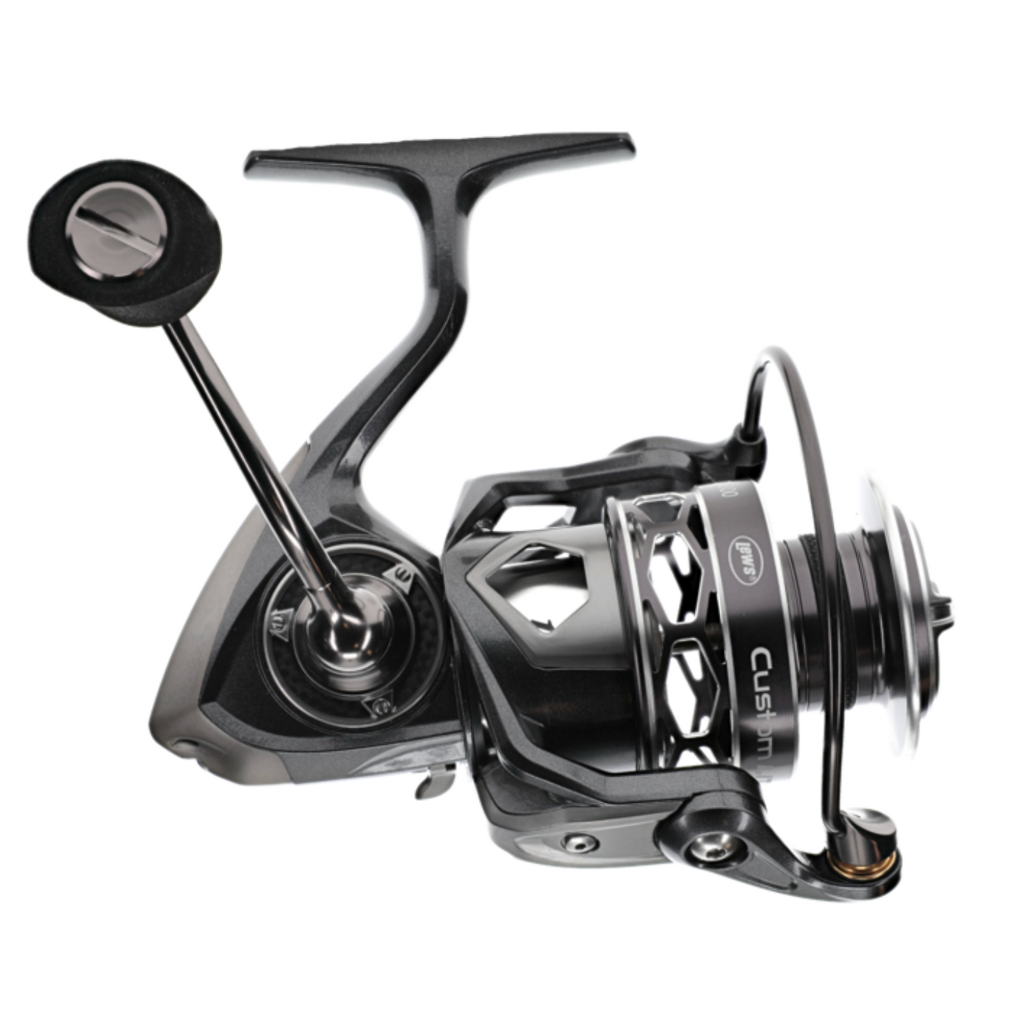Fishing reel with visible brand name on a white background