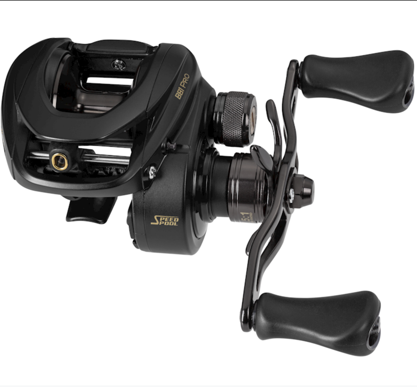 Black fishing reel on a white background