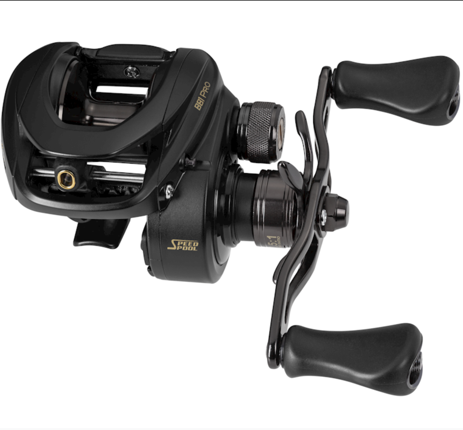 Black fishing reel on a white background