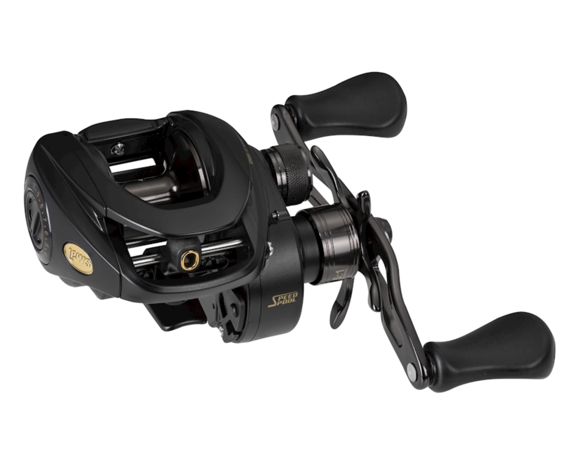 Black fishing reel on a white background