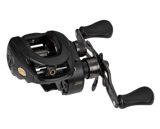 Black fishing reel on a white background