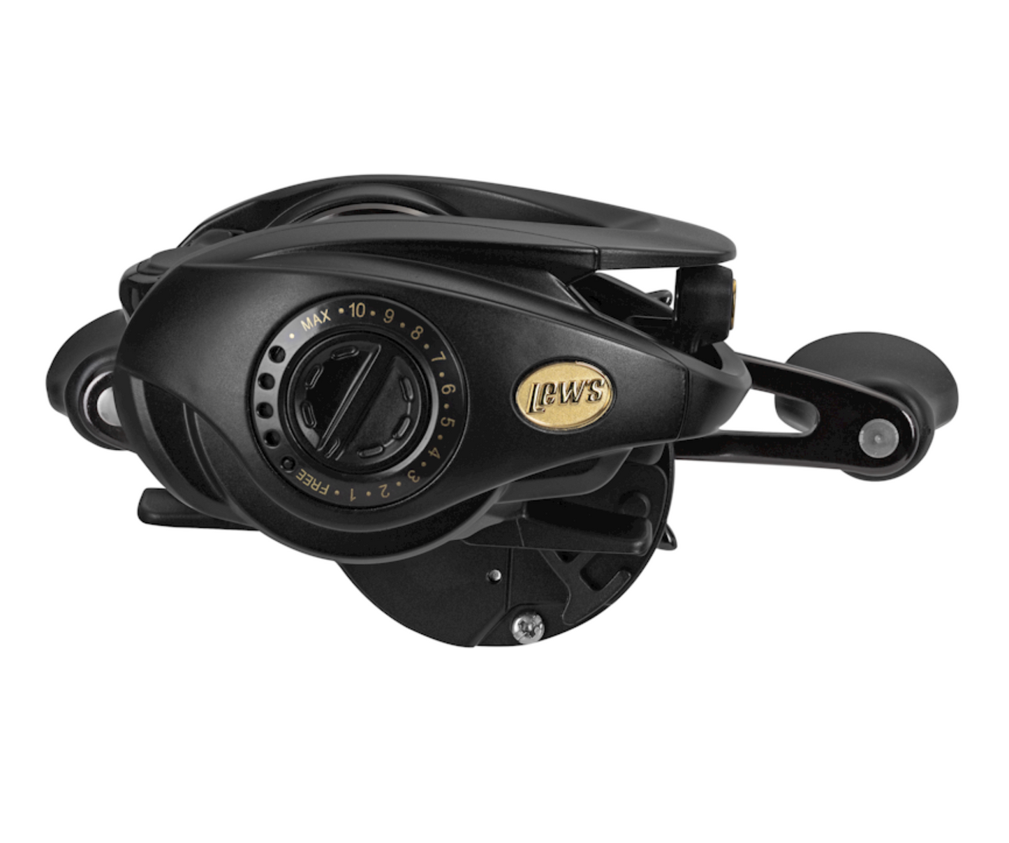 Black fishing reel on a white background